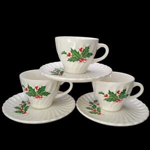 3 Sets Vintage SCIO Japan White Swirl Holly Berry Cup & Saucer Sets Tea Christma